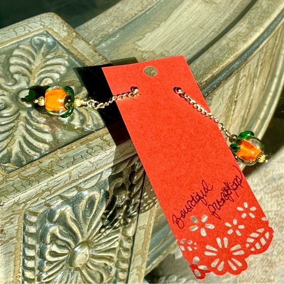 Pumpkin Fall Halloween Whimsical Orange Gold Chain Dangling Glass Earrings - Picture 10 of 14